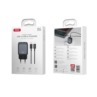 Hálózati töltő Lightning kábellel XO Design L154, 20W, 3A, 1 x USB-A - 1 x USB-C, Fekete