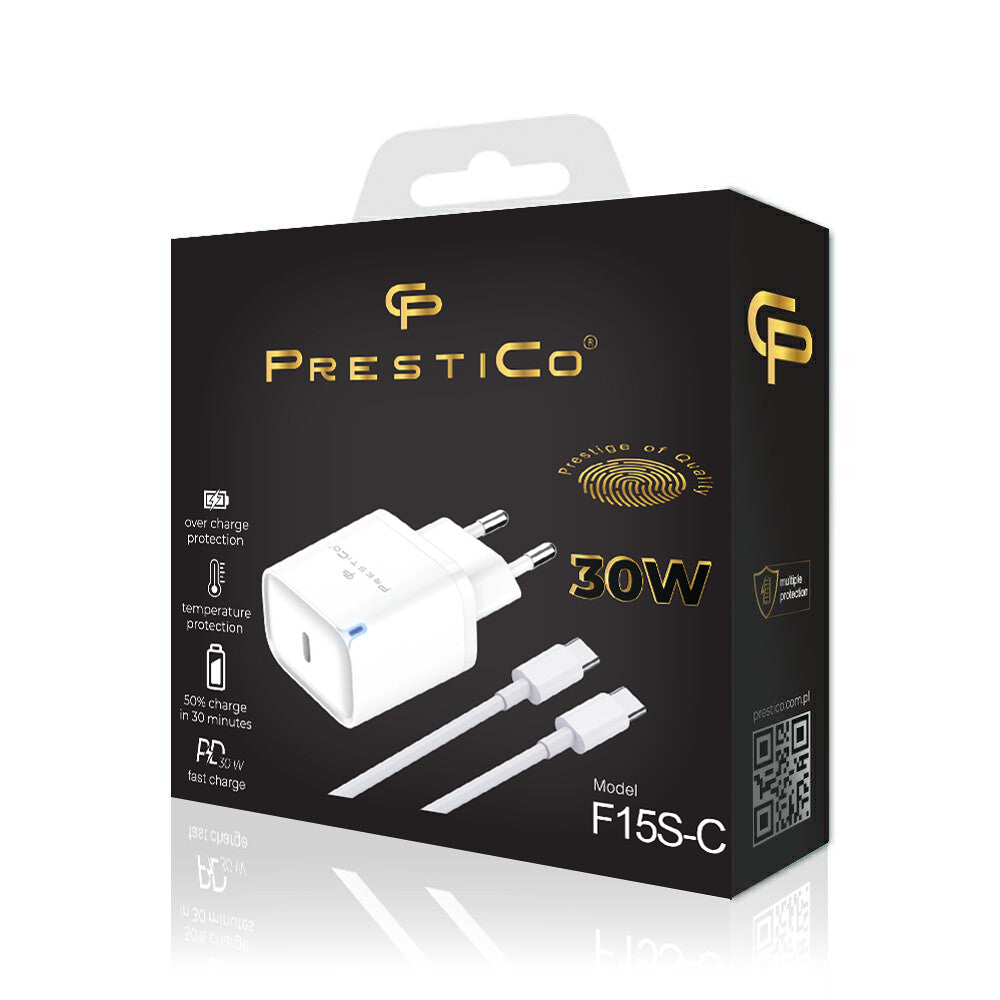 Hálózati töltő USB-C kábellel Prestico F15S-C, 30W, 3A, 1 x USB-C, Fehér
