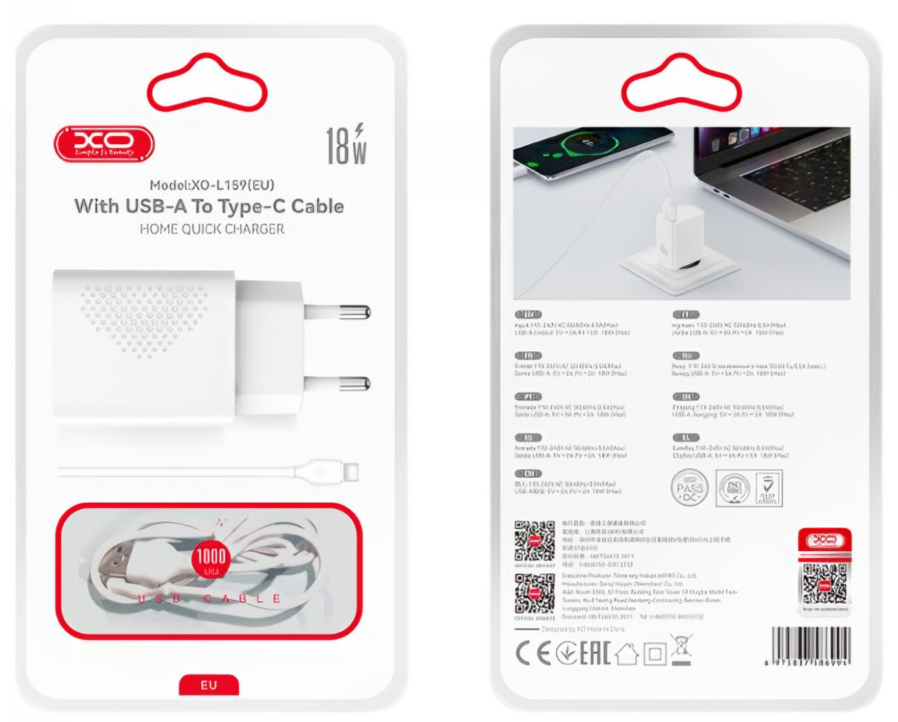 Hálózati töltő USB-C kábellel XO Design L159, 18W, 3A, 1 x USB-A, Fehér