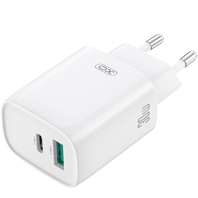 Hálózati töltő Lightning kábellel XO Design CE30, 30W, 3A, 1 x USB-A - 1 x USB-C, Fehér
