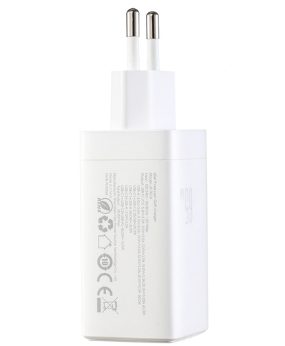 Hálózati töltő USB-C kábellel Joyroom JR-TG10, 65W, 3.25A, 1 x USB-A - 2 x USB-C, Fehér