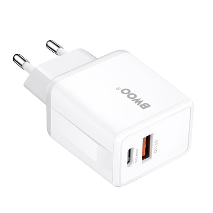 BWOO CDA182 Lightning kábeles hálózati töltő, 38W, 3A, 1 x USB-A - 1 x USB-C, Fehér