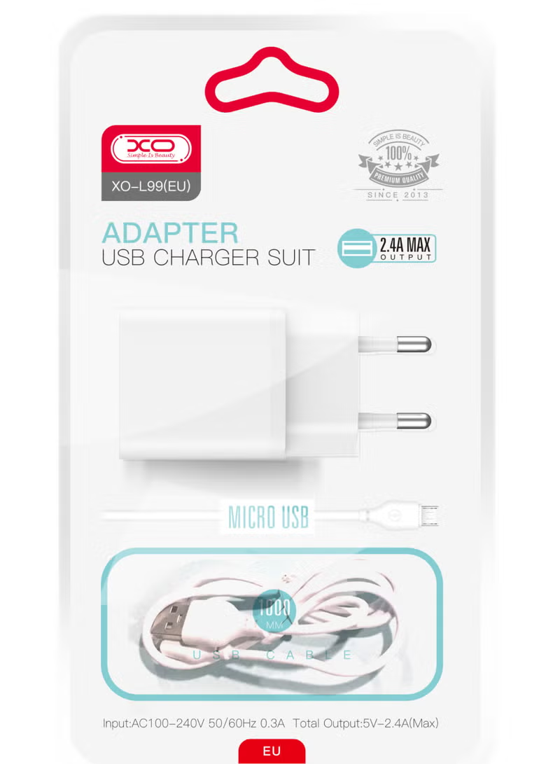 XO Design L99 mikroUSB kábellel ellátott hálózati töltő, 12W, 2.4A, 1 x USB-A, Fehér