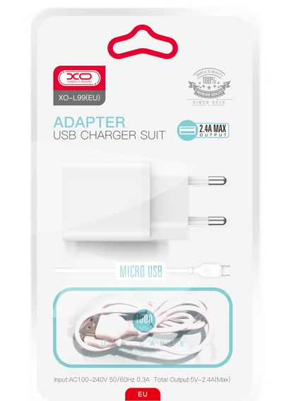 XO Design L99 mikroUSB kábellel ellátott hálózati töltő, 12W, 2.4A, 1 x USB-A, Fehér
