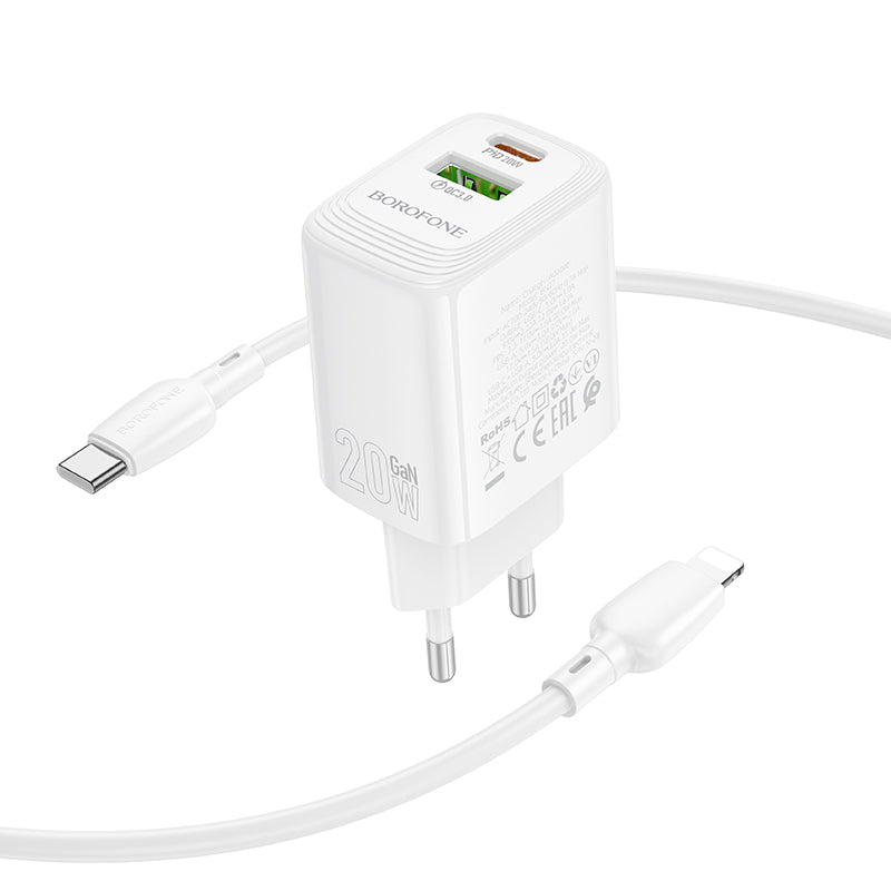 Hálózati töltő Lightning kábellel Borofone BN27 Fuente, 20W, 3A, 1 x USB-A - 1 x USB-C, Fehér