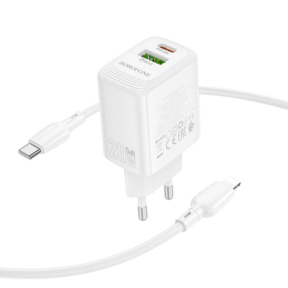 Hálózati töltő Lightning kábellel Borofone BN27 Fuente, 20W, 3A, 1 x USB-A - 1 x USB-C, Fehér