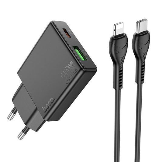Hálózati töltő Lightning kábellel HOCO N38, 20W, 3A, 1 x USB-A - 1 x USB-C, Fekete