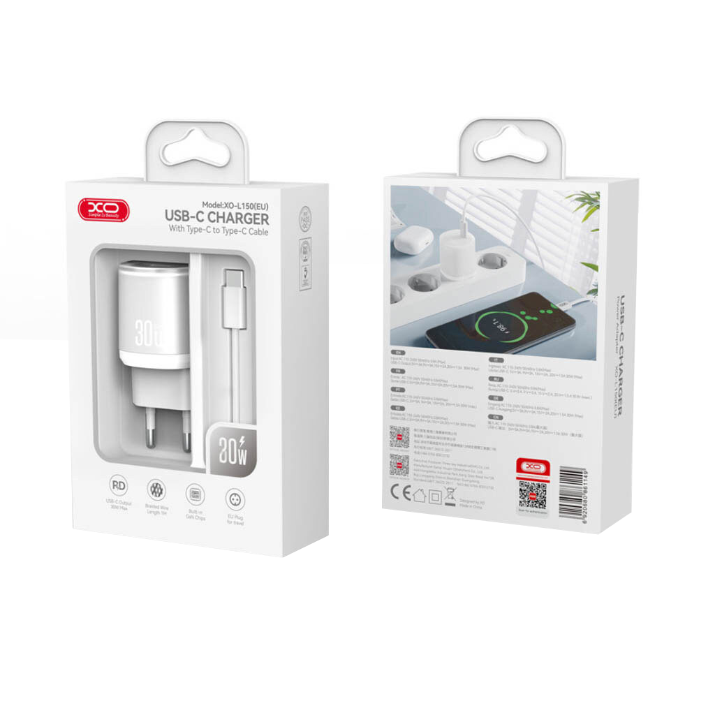 Hálózati töltő USB-C kábellel XO Design L150, 30W, 3A, 1 x USB-C, Fehér