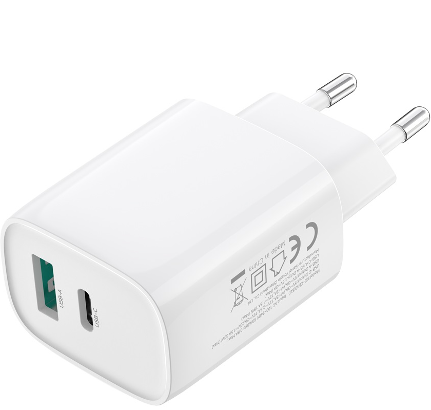 Hálózati töltő Lightning kábellel XO Design CE30, 30W, 3A, 1 x USB-A - 1 x USB-C, Fehér