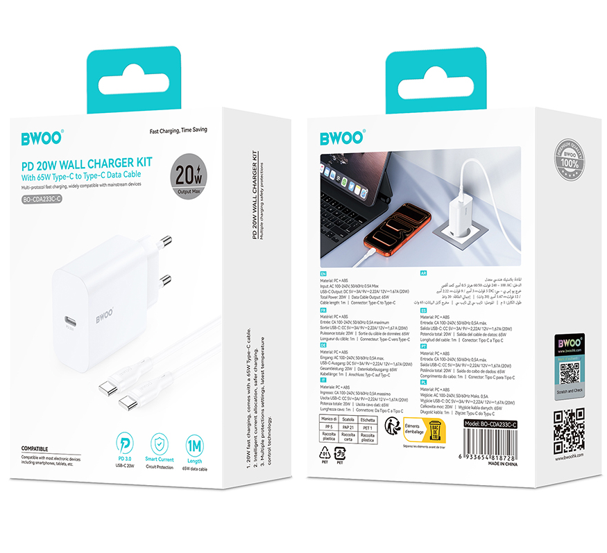 Hálózati töltő USB-C kábellel BWOO CDA233, 20W, 3A, 1 x USB-C, Fehér