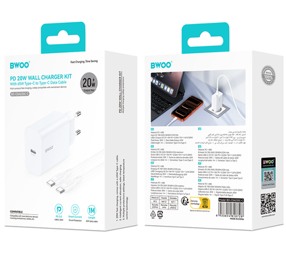 Hálózati töltő USB-C kábellel BWOO CDA233, 20W, 3A, 1 x USB-C, Fehér