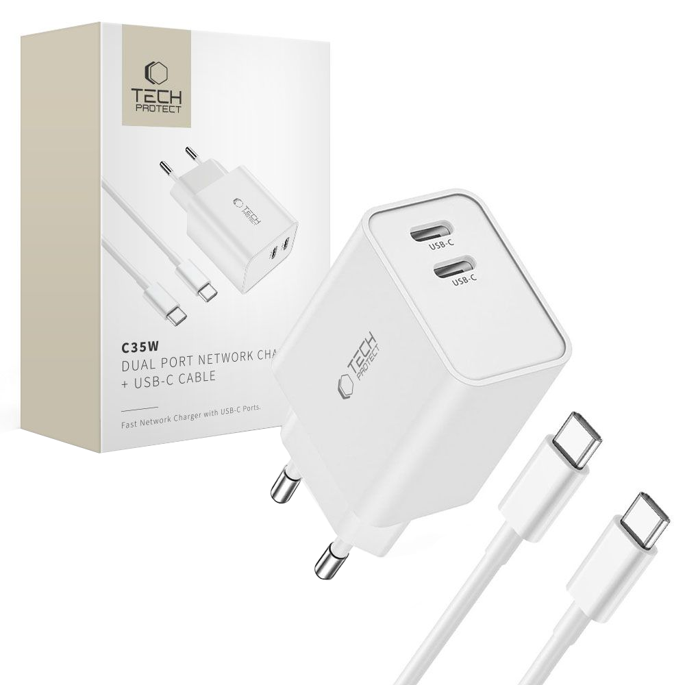 Tech-Protect C35W USB-C Kábeles Hálózati Töltő, 35W, 3A, 2 x USB-C, Fehér