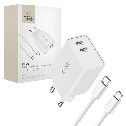 Tech-Protect C35W USB-C Kábeles Hálózati Töltő, 35W, 3A, 2 x USB-C, Fehér