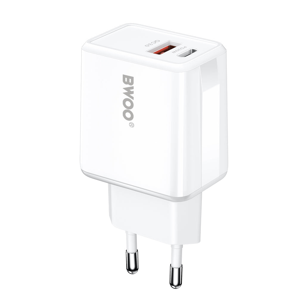 BWOO CDA182 Lightning kábeles hálózati töltő, 38W, 3A, 1 x USB-A - 1 x USB-C, Fehér