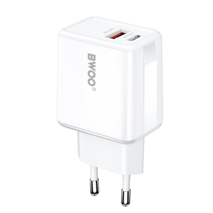 BWOO CDA182 Lightning kábeles hálózati töltő, 38W, 3A, 1 x USB-A - 1 x USB-C, Fehér