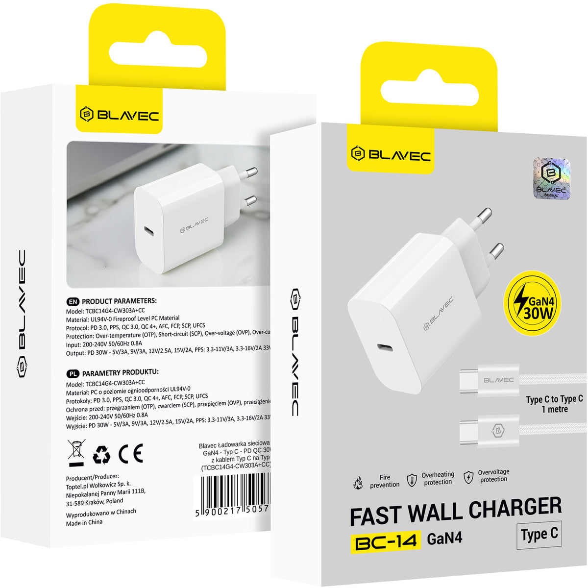 Blavec BC-14 hálózati töltő USB-C kábellel, 30 W, 3 A, 1 × USB-C, fehér