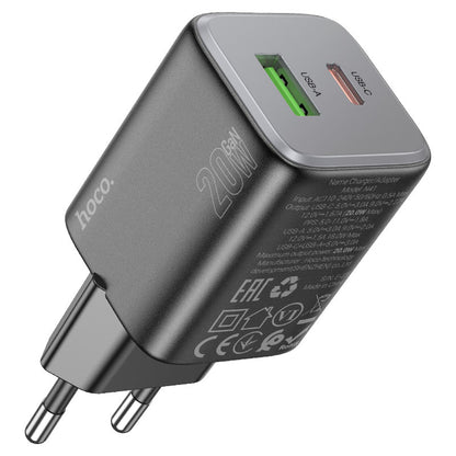 Hálózati töltő Lightning kábellel HOCO N41, 20W, 3A, 1 x USB-A - 1 x USB-C, Fekete