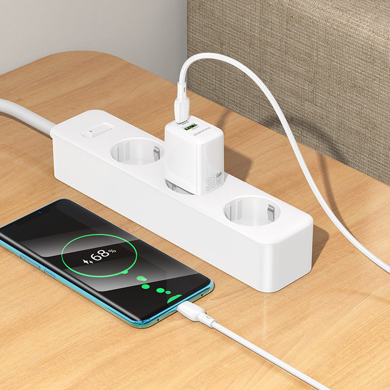 Network Charger with USB-C Cable Borofone BN29 Fuente, 30W, 3A, 1 x USB-A - 1 x USB-C, White