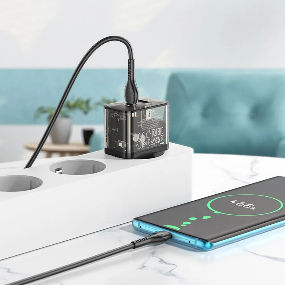 Hálózati töltő USB-C kábellel HOCO N34, 20W, 3A, 1 x USB-A - 1 x USB-C, Átlátszó