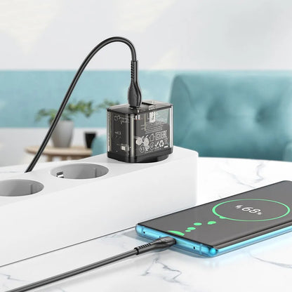 Hálózati töltő USB-C kábellel HOCO N34, 20W, 3A, 1 x USB-A - 1 x USB-C, Átlátszó