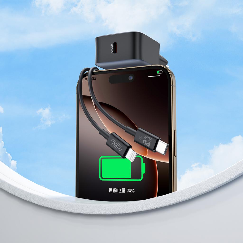 Hálózati töltő Lightning kábellel XO Design L155, 30W, 3A, 1 x USB-C, Fekete