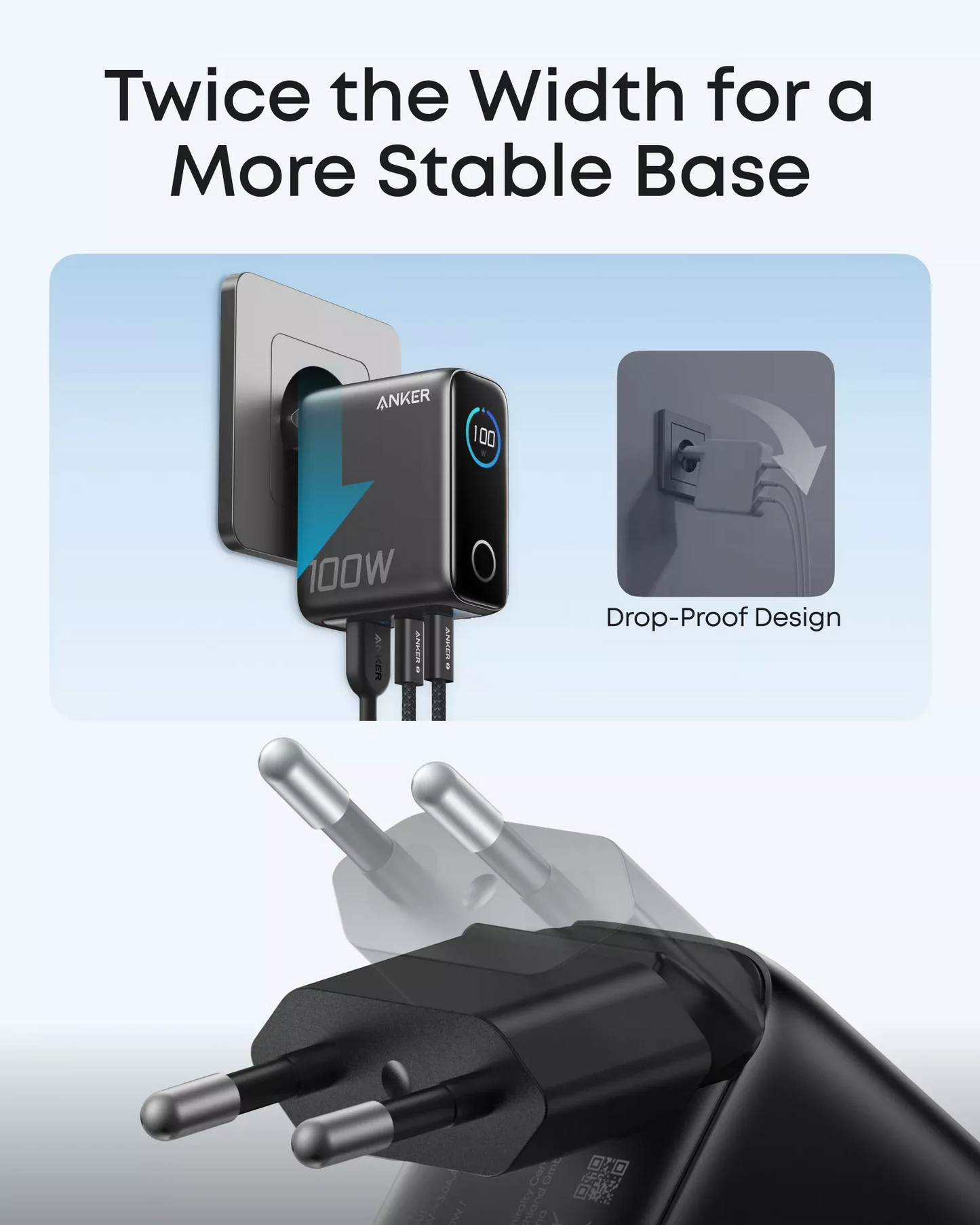 Hálózati töltő USB-C kábellel Anker Smart Display, 100W, 5A, 1 x USB-A - 2 x USB-C, Szürke B121BGZ1