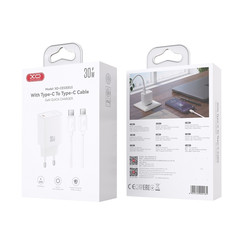 XO Design CE53 hálózati töltő USB-C kábellel, 30 W, 3 A, 1 × USB-C, fehér