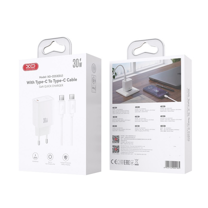 XO Design CE53 hálózati töltő USB-C kábellel, 30 W, 3 A, 1 × USB-C, fehér