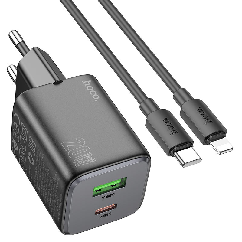 Hálózati töltő Lightning kábellel HOCO N41, 20W, 3A, 1 x USB-A - 1 x USB-C, Fekete