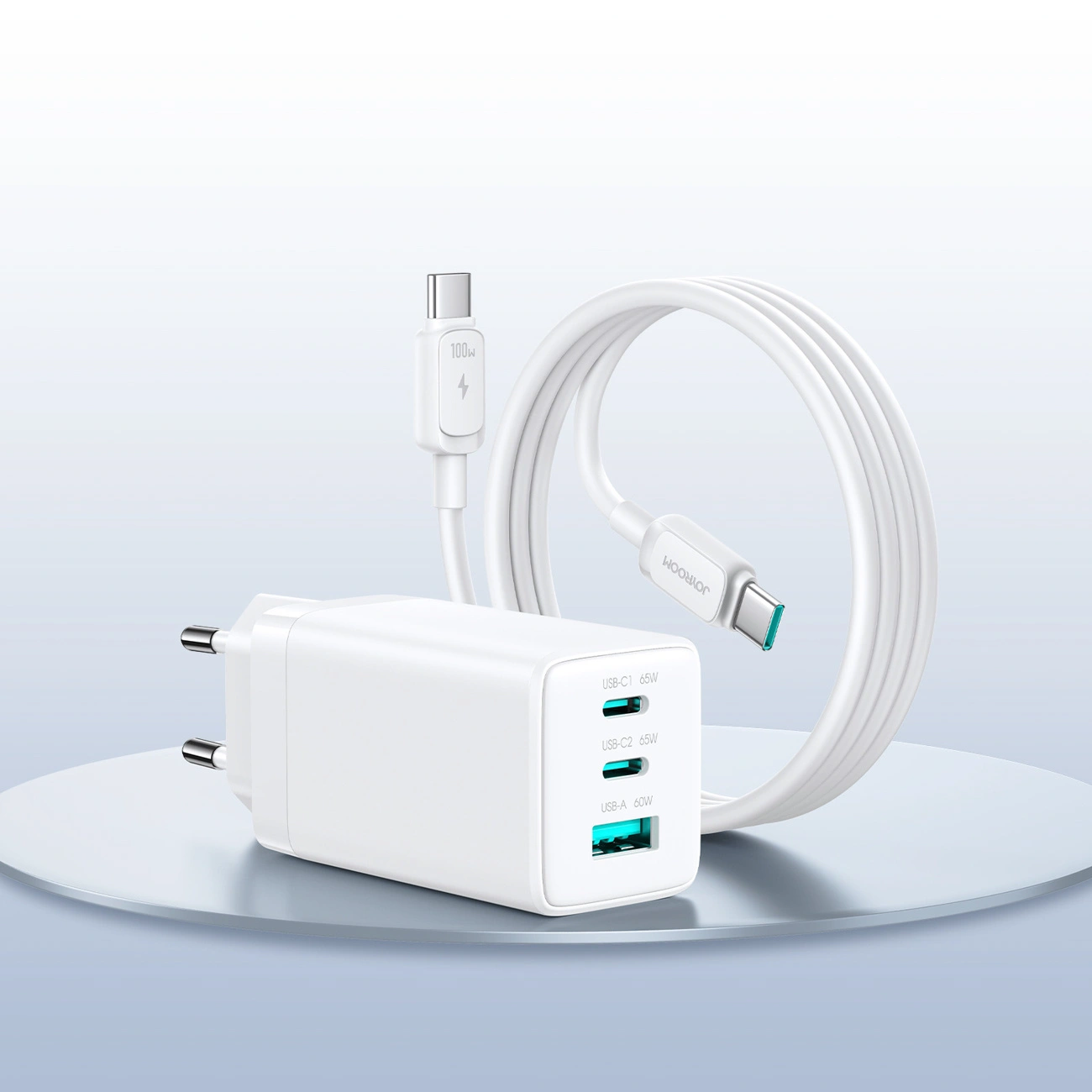 Hálózati töltő USB-C kábellel Joyroom JR-TG10, 65W, 3.25A, 1 x USB-A - 2 x USB-C, Fehér