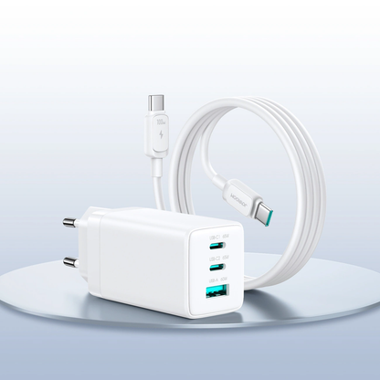 Hálózati töltő USB-C kábellel Joyroom JR-TG10, 65W, 3.25A, 1 x USB-A - 2 x USB-C, Fehér