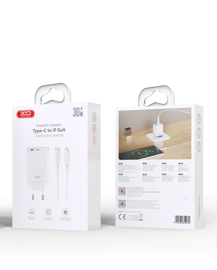 Hálózati töltő Lightning kábellel XO Design CE30, 30W, 3A, 1 x USB-A - 1 x USB-C, Fehér