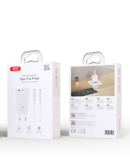 Hálózati töltő Lightning kábellel XO Design CE30, 30W, 3A, 1 x USB-A - 1 x USB-C, Fehér
