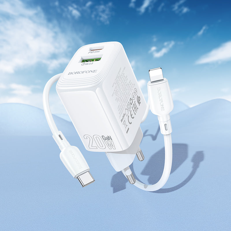 Hálózati töltő Lightning kábellel Borofone BN27 Fuente, 20W, 3A, 1 x USB-A - 1 x USB-C, Fehér