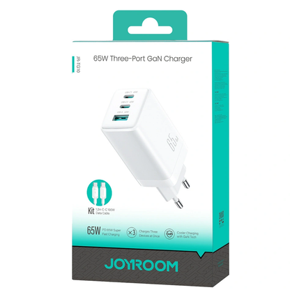 Hálózati töltő USB-C kábellel Joyroom JR-TG10, 65W, 3.25A, 1 x USB-A - 2 x USB-C, Fehér