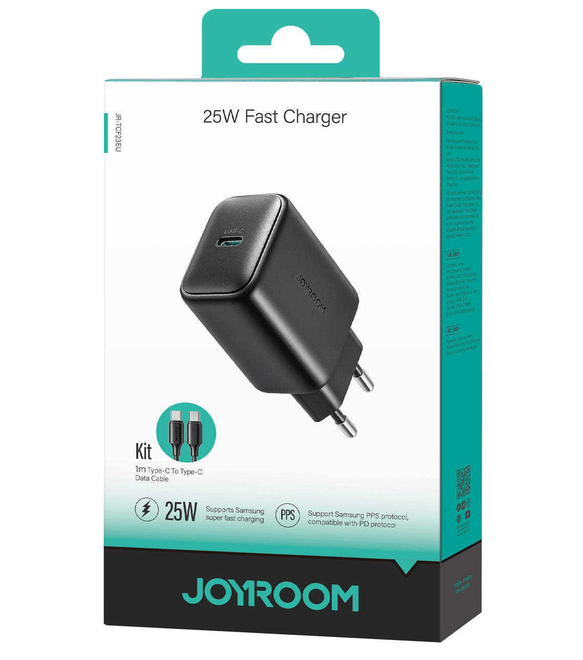Hálózati töltő USB-C kábellel Joyroom JR-TCF23, 25W, 3A, 1 x USB-C, Fekete