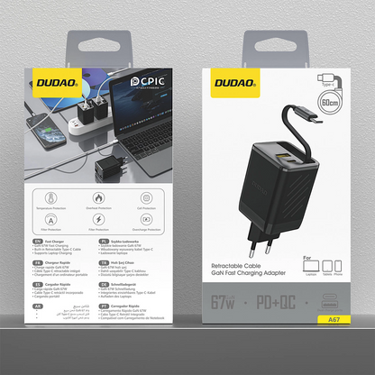 Dudao A67EU USB-C kábelhálózati töltő, 67W, 3.35A, 1 x USB-A - 1 x USB-C, Fekete