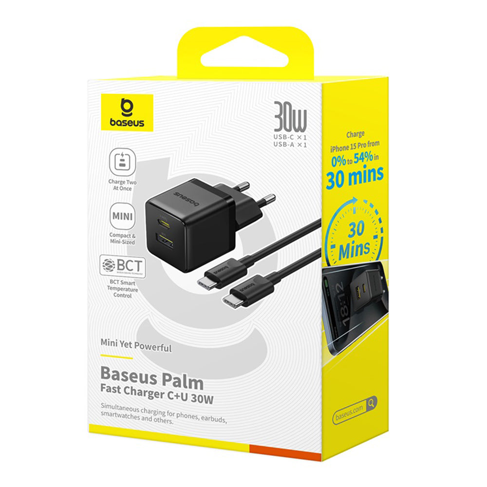 Baseus Palm USB-C hálózati töltő kábel, 30W, 3A, 1 x USB-A - 1 x USB-C, Fekete P1011160A113-01