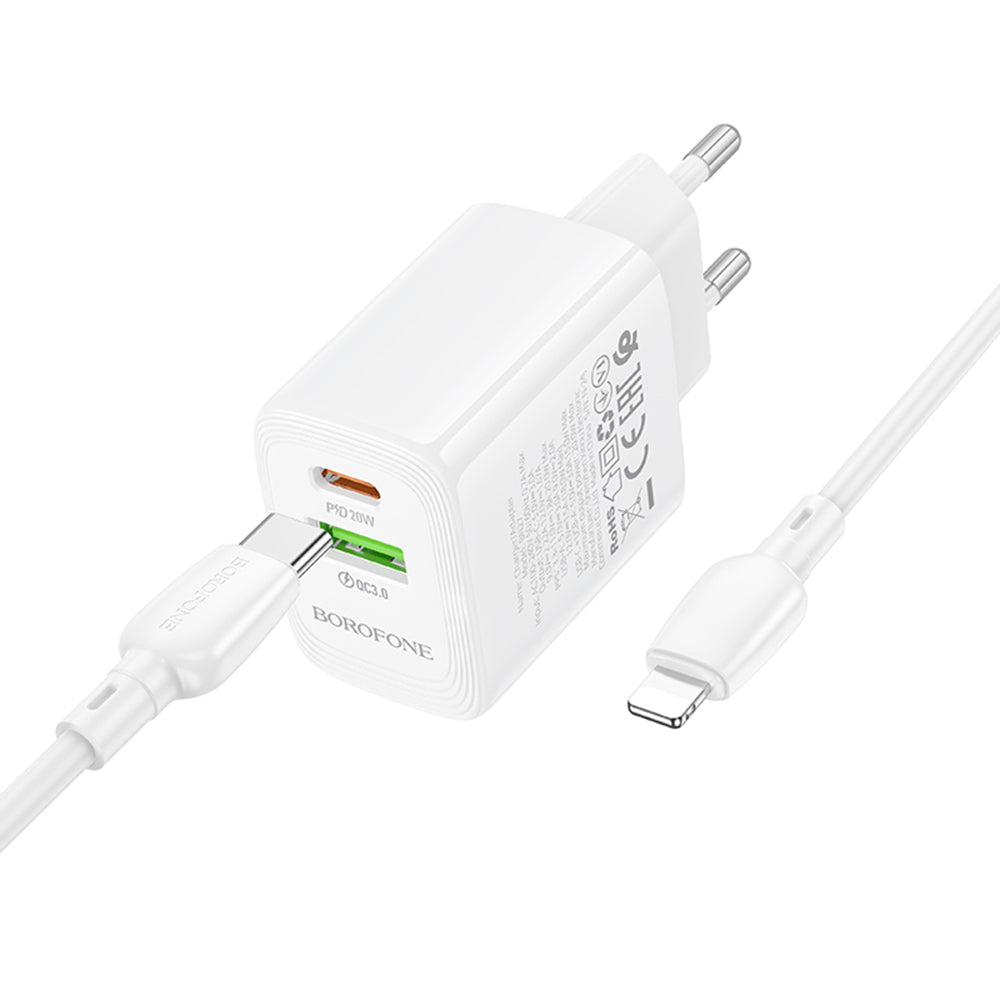 Hálózati töltő Lightning kábellel Borofone BN27 Fuente, 20W, 3A, 1 x USB-A - 1 x USB-C, Fehér