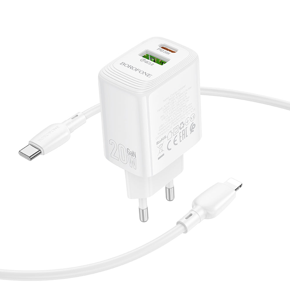 Hálózati töltő Lightning kábellel Borofone BN27 Fuente, 20W, 3A, 1 x USB-A - 1 x USB-C, Fehér