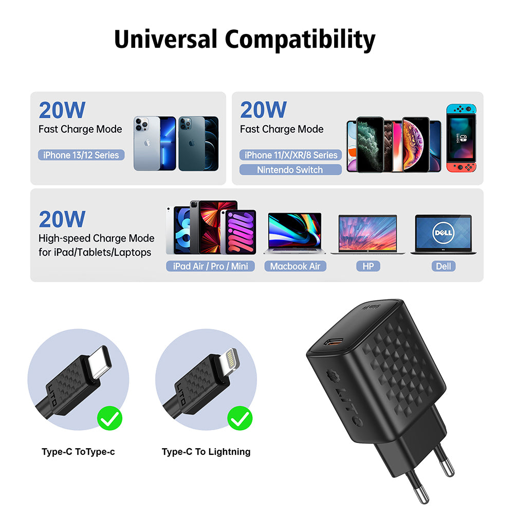 Hálózati töltő Lightning kábellel Lito LC13L, 20W, 3A, 1 x USB-C, Fekete