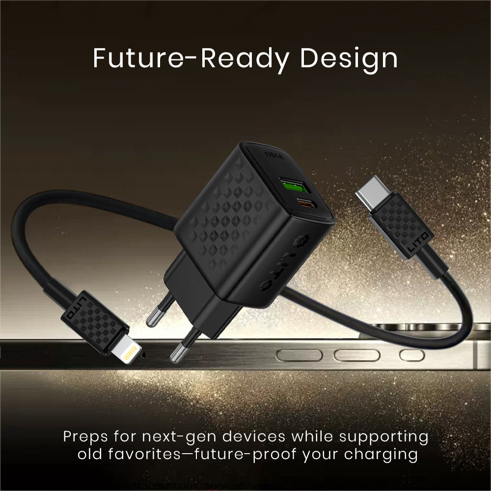 Hálózati töltő Lightning kábellel Lito LC15L, 20W, 3A, 1 x USB-A - 1 x USB-C, Fekete