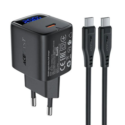 Hálózati töltő USB-C kábellel Acefast A113 Display, 20W, 3A, 1 x USB-C, Fekete