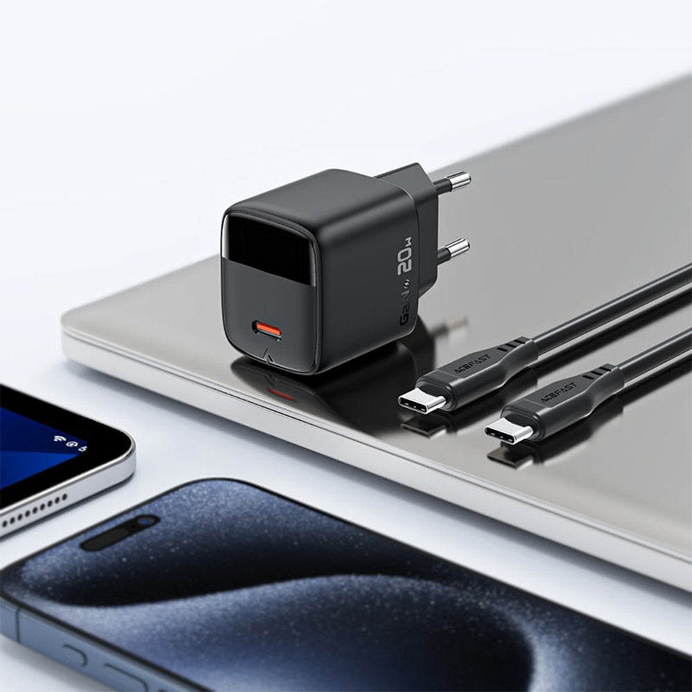 Hálózati töltő USB-C kábellel Acefast A113 Display, 20W, 3A, 1 x USB-C, Fekete