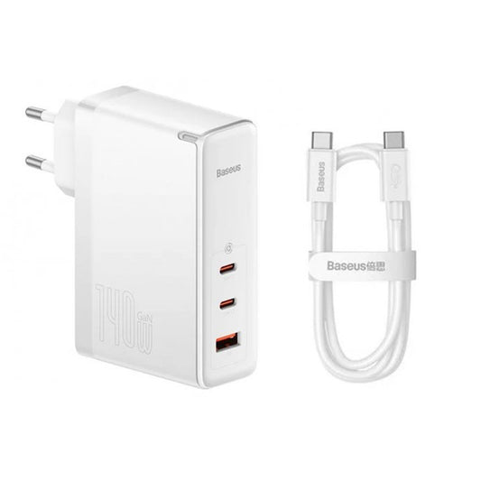 Hálózati töltő USB-C kábellel Baseus GaN5 Pro, 140W, 5A, 1 x USB-A - 2 x USB-C, Fehér CCGP100202
