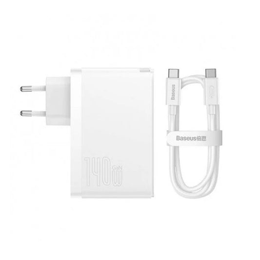 Hálózati töltő USB-C kábellel Baseus GaN5 Pro, 140W, 5A, 1 x USB-A - 2 x USB-C, Fehér CCGP100202