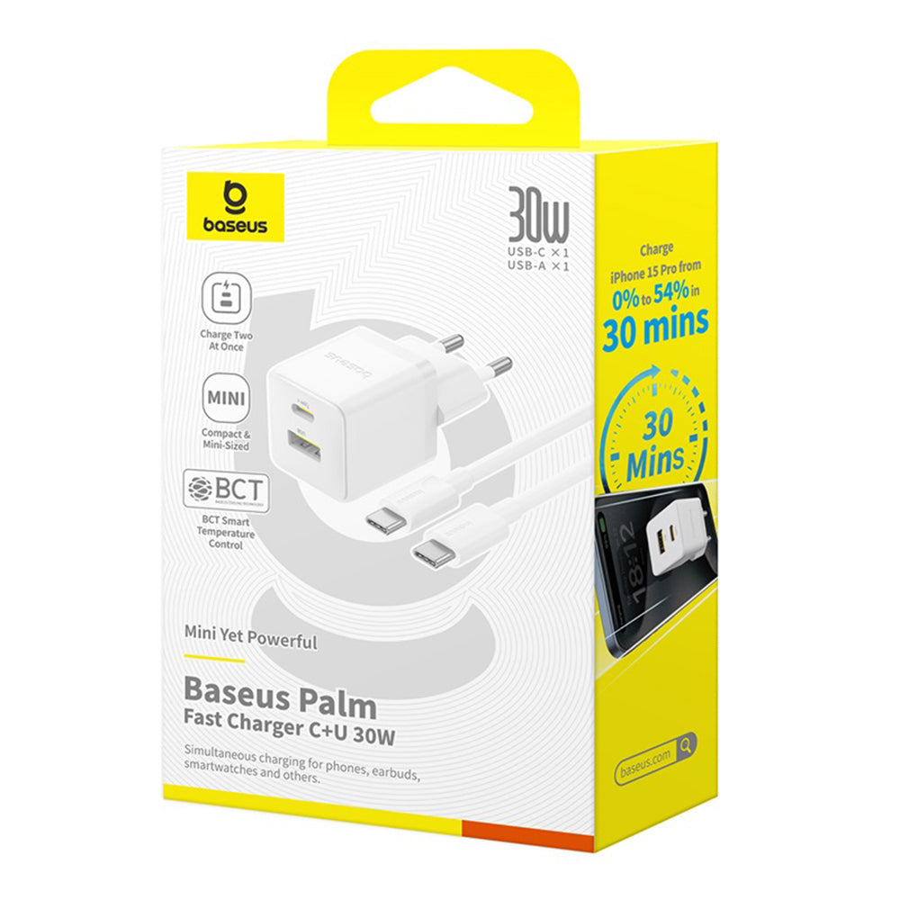 Baseus Palm USB-C hálózati töltő kábellel, 30W, 3A, 1 x USB-A - 1 x USB-C, Fehér P1011160A213-01