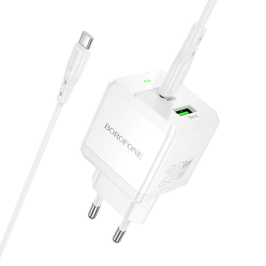 Hálózati töltő USB-C kábellel Borofone BN19 Intenso, 20W, 3A, 1 x USB-A - 1 x USB-C, Fehér