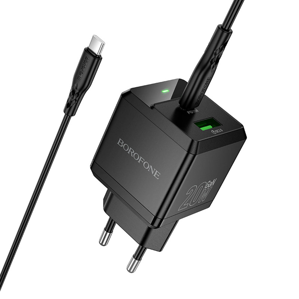 Network Charger with USB-C Cable Borofone BN19 Intenso, 20W, 3A, 1 x USB-A - 1 x USB-C, Black