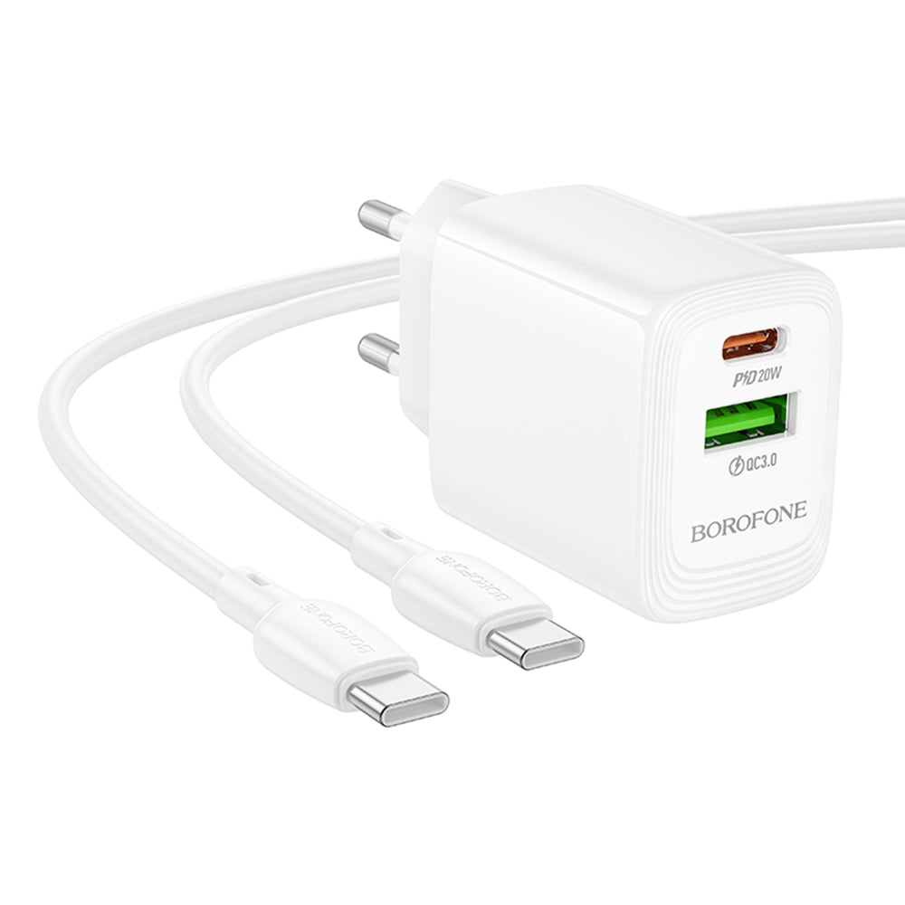 Hálózati töltő USB-C kábellel Borofone BN27 Fuente, 20W, 3A, 1 x USB-A - 1 x USB-C, Fehér